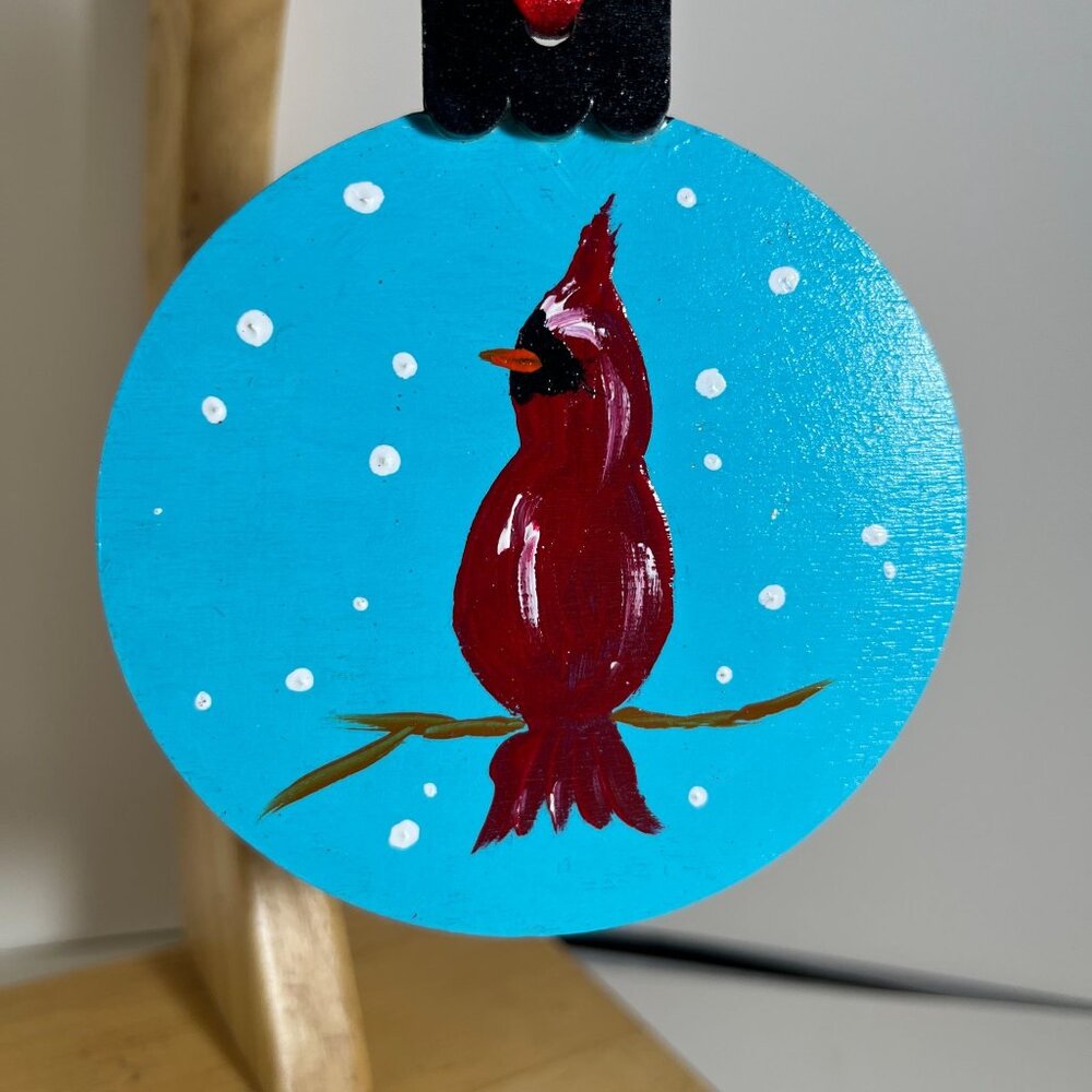 Hand-Painted Wooden Cardinal Ornament With Red Bow - Picture 2 of 3